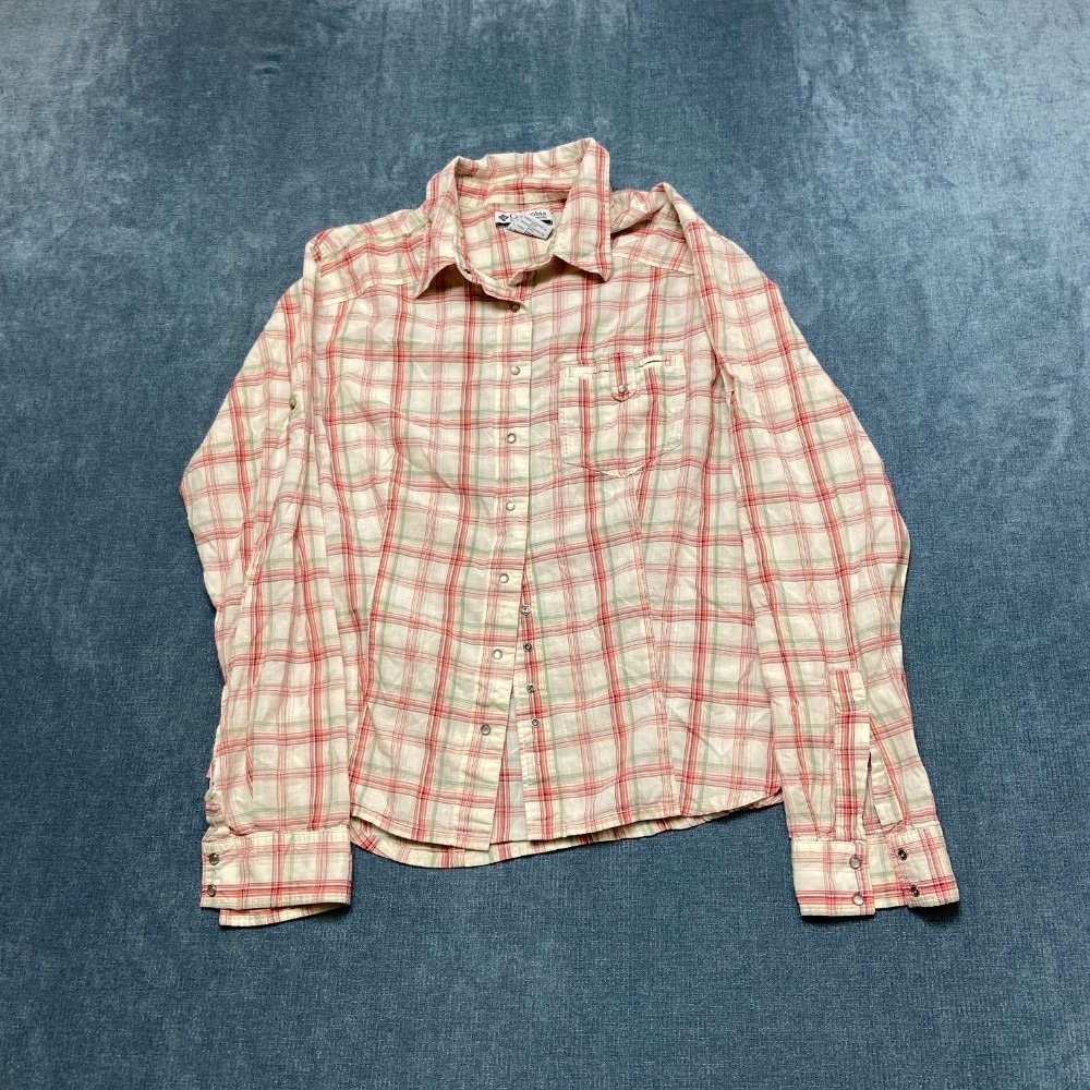 Columbia Shirt Womens Large Beige Red Plaid Pearl Snap Long Sleeve Button Up